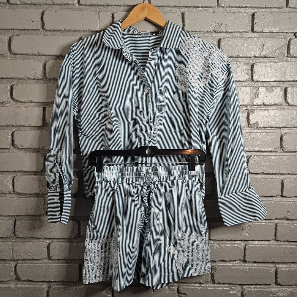 Christian Lacroix Teal White Striped Lace Applique Pajama Set XS Shirt Shorts